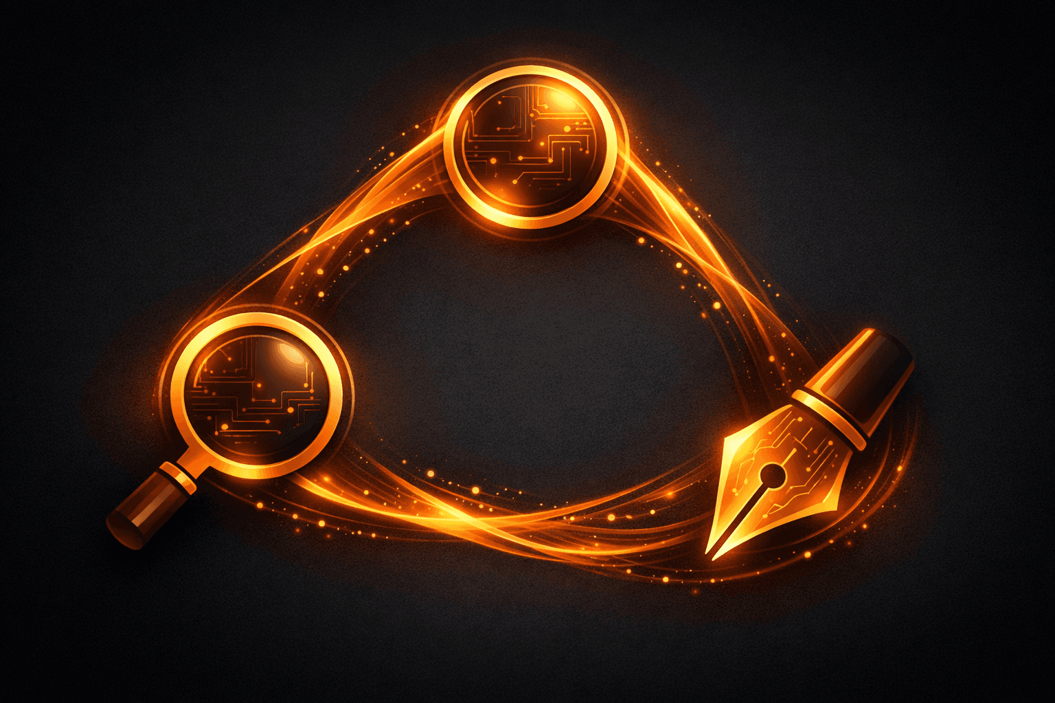 The Agentic Triad — three interconnected AI agents representing Research, Reasoning, and Writing